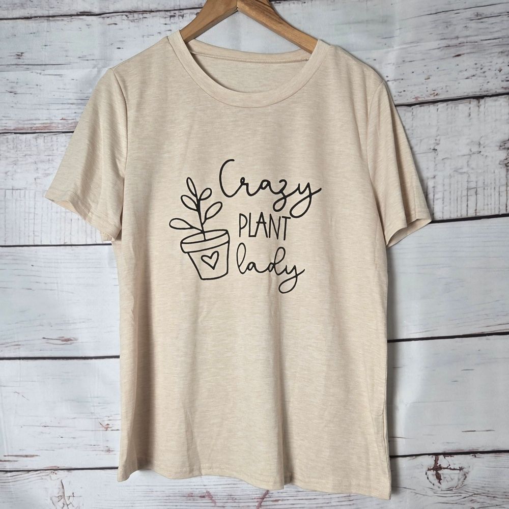 Crazy Plant Lady Womens T-shirt Size Large Cream Graphic Short Sleeve Botanical